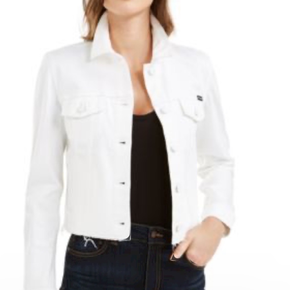 Calvin Klein white denim crop jacket raw edge distressed hem size medium